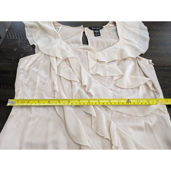 White House Black Market Champagne Silk Stretch Cascading Ruffle Dainty Top Sz 6 - Picture 11 of 12
